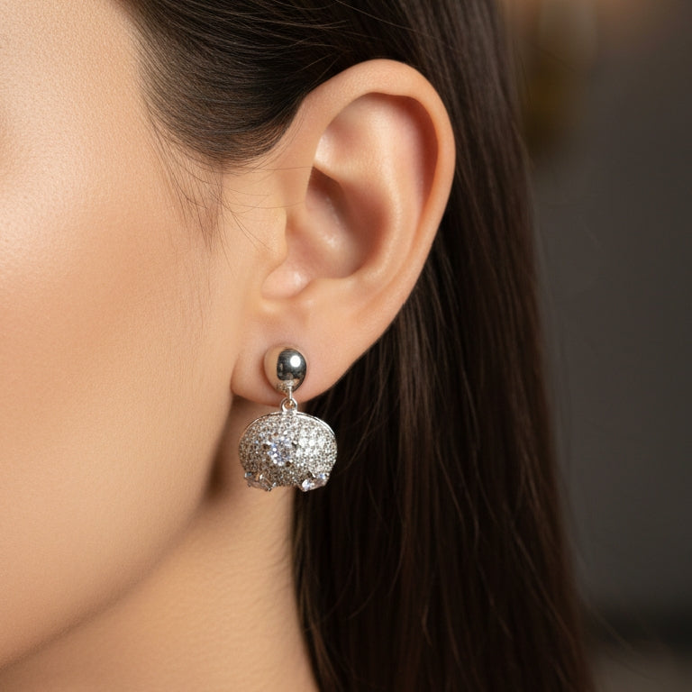 Silver Lumen earrings front view with crystal detailing