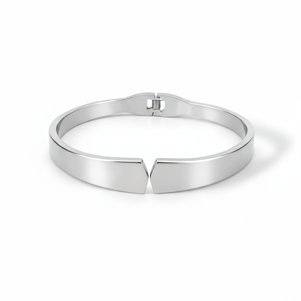 Front view of artificial bangles in silver tone with seamless magnetic closure