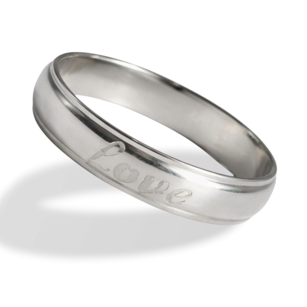 Angled view of silver rings with a smooth polished finish