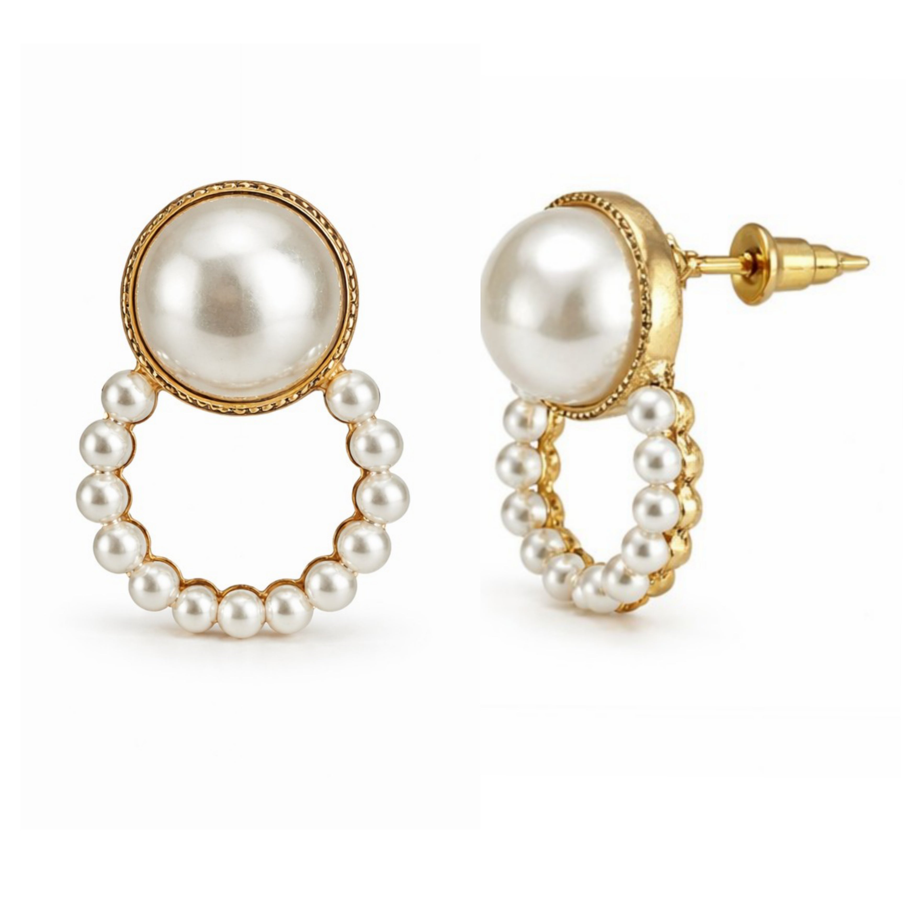 Pair of fashion earrings for women with pearl detail on white background