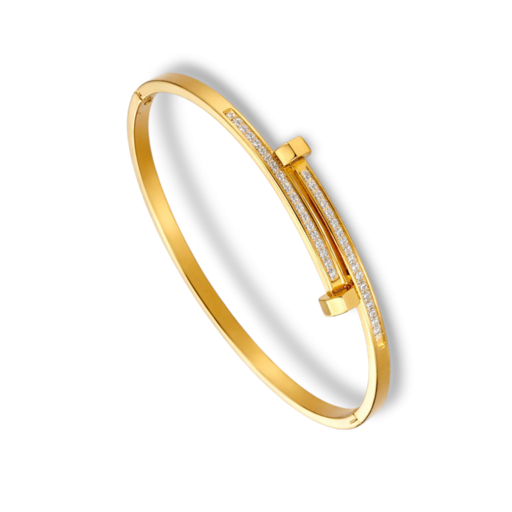 Angled front view of bangles for women with polished gold-tone finish and stone detail