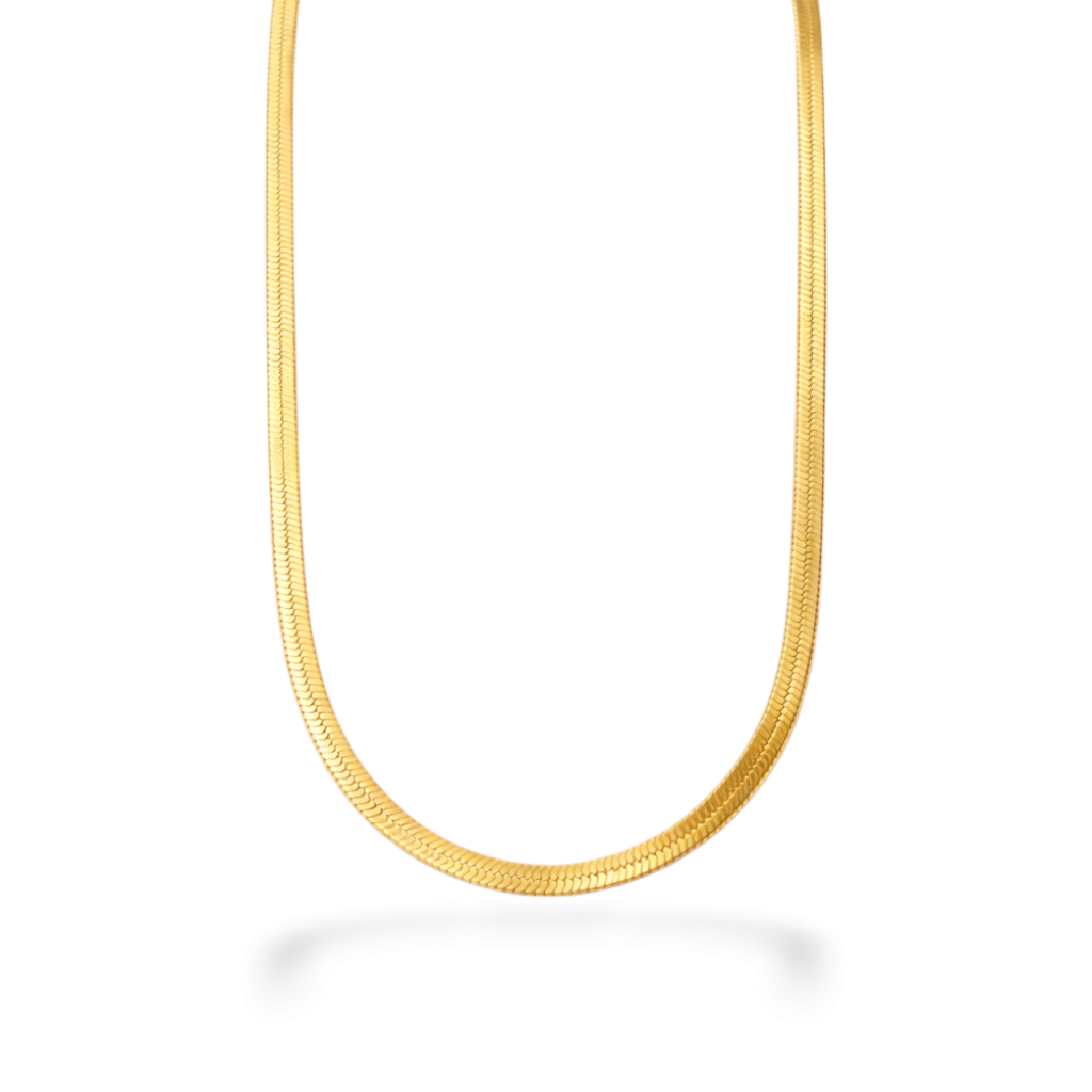 Front view of simple necklace with polished gold-tone snake chain