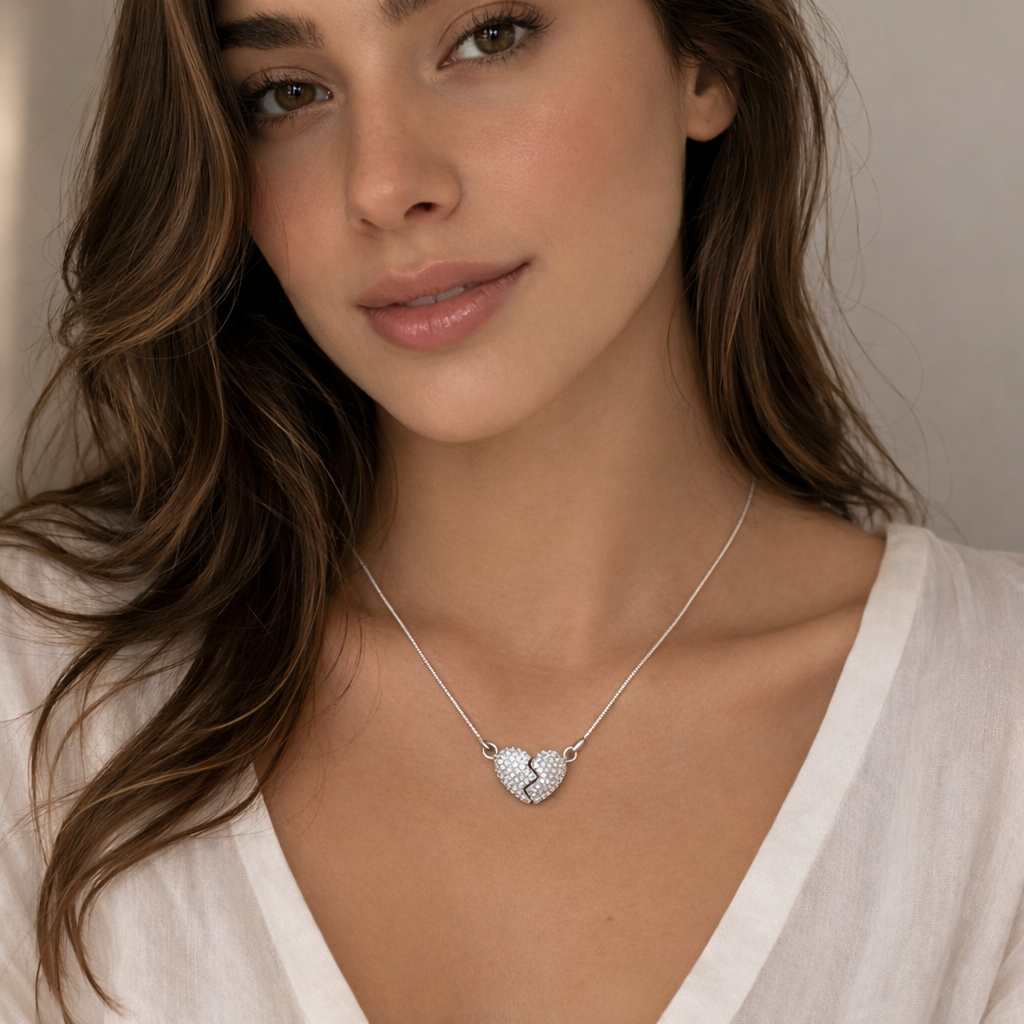 Pulse Pendant styled as pendant necklace in silver tone on model