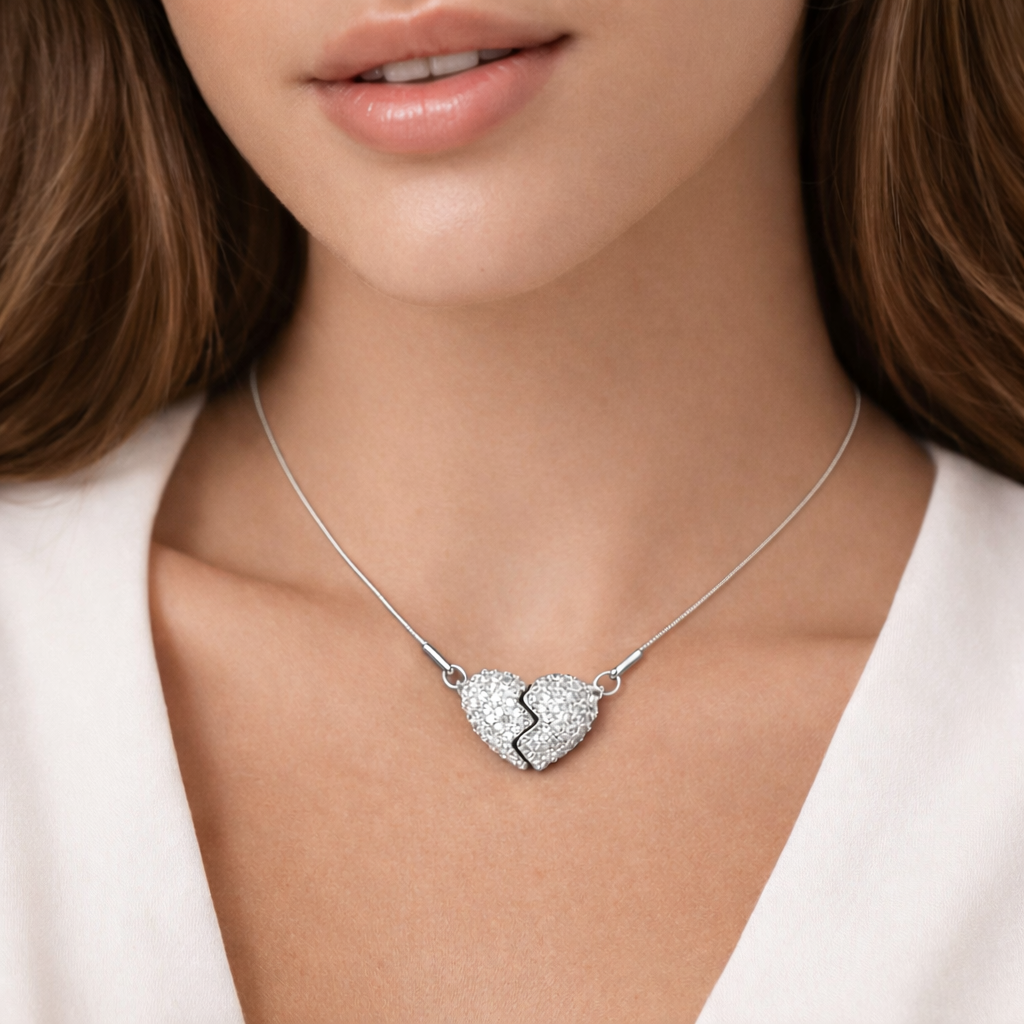 Close-up of heart pendant on a silver-tone chain worn on neckline