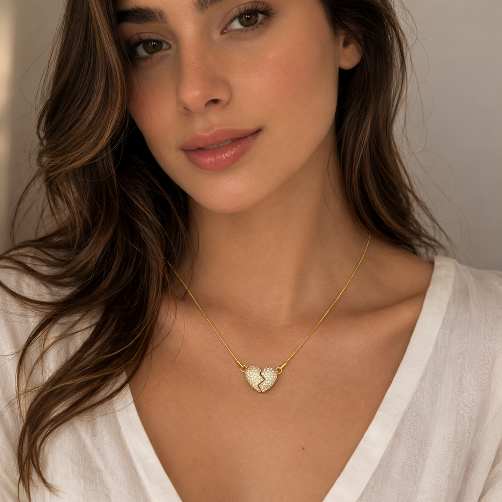 Close-up of pendants for women styled on neckline with gold-tone heart charm