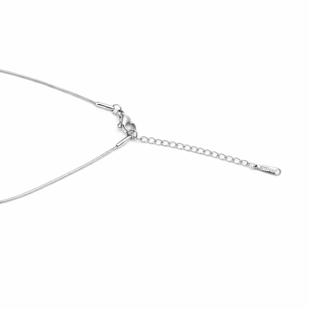 Clasp view of heart necklace with silver-tone chain and stone-studded charm