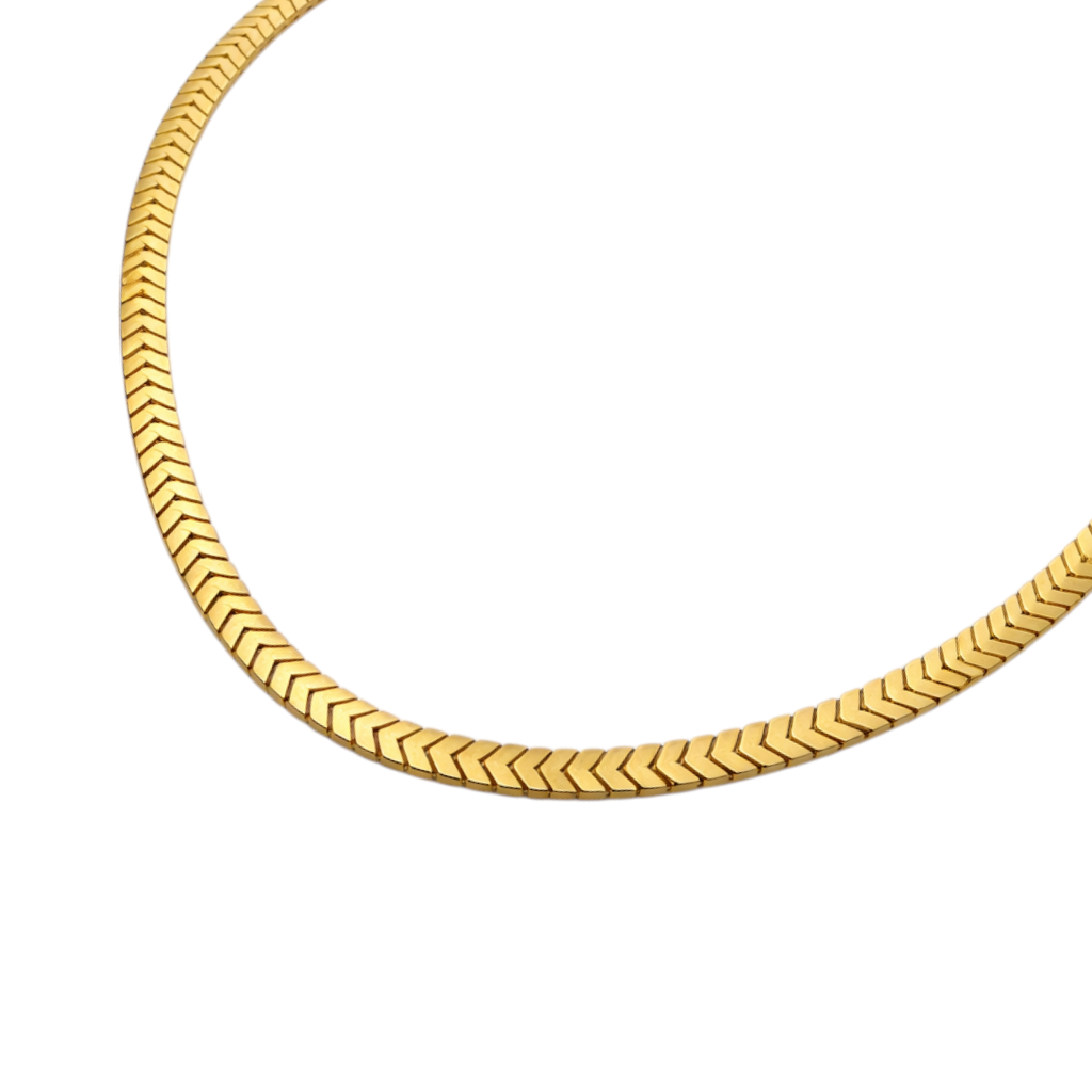 Front view of simple necklace with smooth gold-tone flat chain