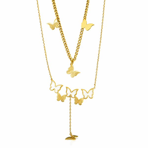 Full view of necklaces for women in a gold-tone layered butterfly design