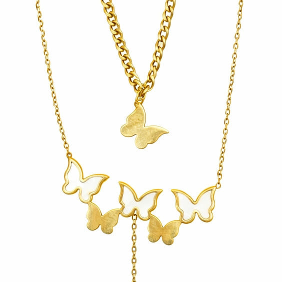 Front view of necklace design with butterfly charms and layered chains