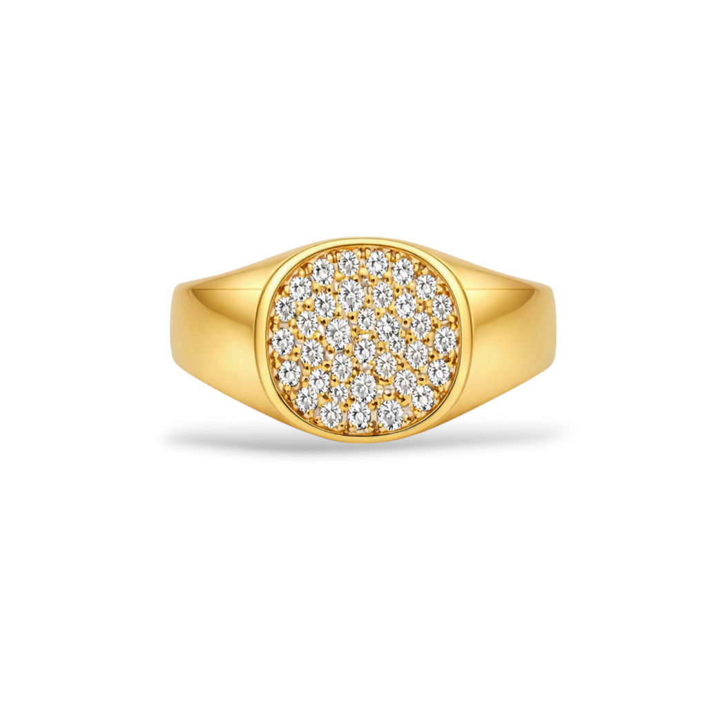 Front view of rings for women in a gold-tone signet design with stone detail