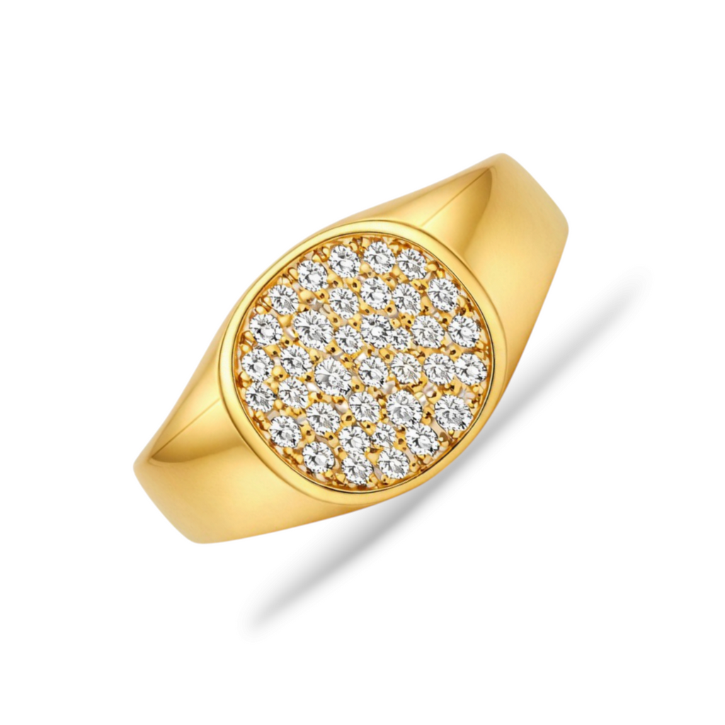 Top view of gold-tone ring for women with polished signet shape