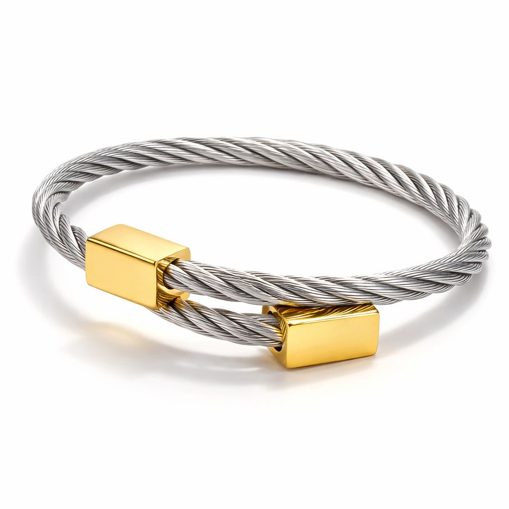 Side angled view of dual tone bangle with elastic slip-on design