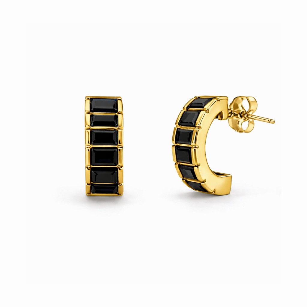 gold hoop earrings with black stones