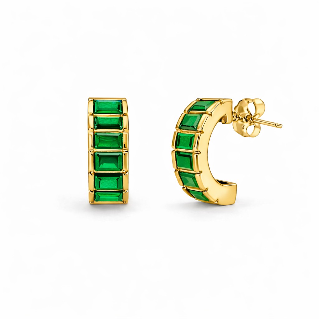 gold stone hoop earrings with green stones