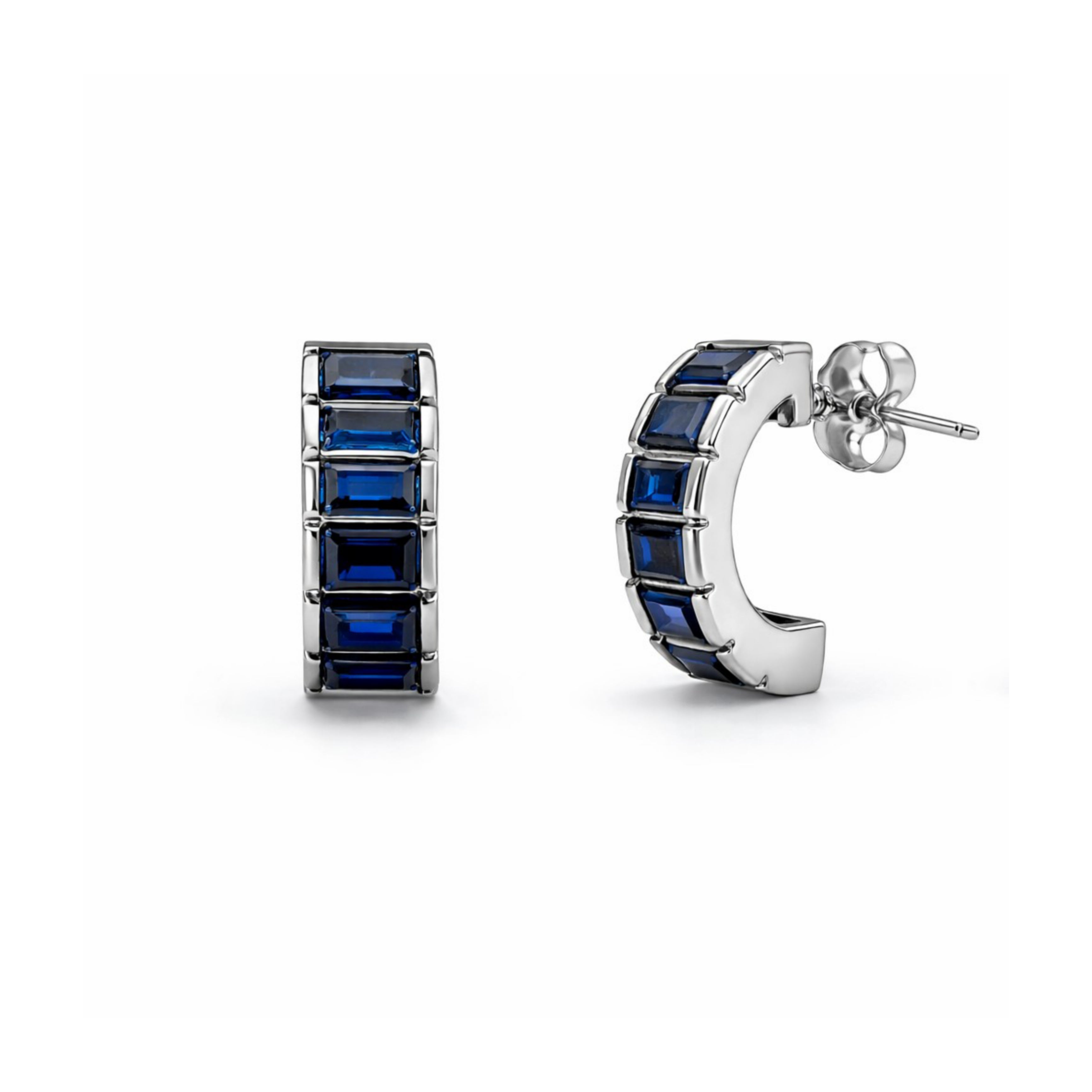 silver stone hoop earrings with blue baguette stones