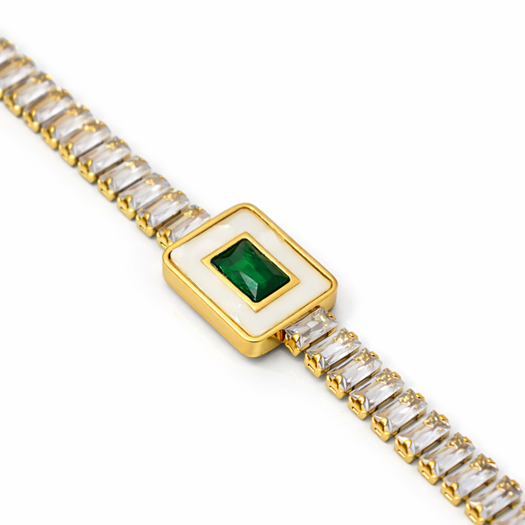 Centre detail of stone bracelet with emerald-colour focal point and white stones