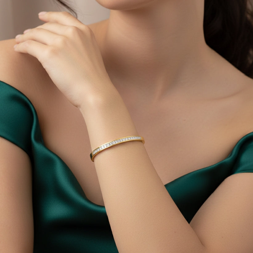 True Self Bangle worn as bangles for women with a polished gold-tone look