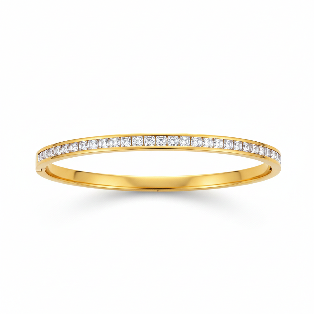 Front view of bangles for women with polished gold-tone finish and white stone detail