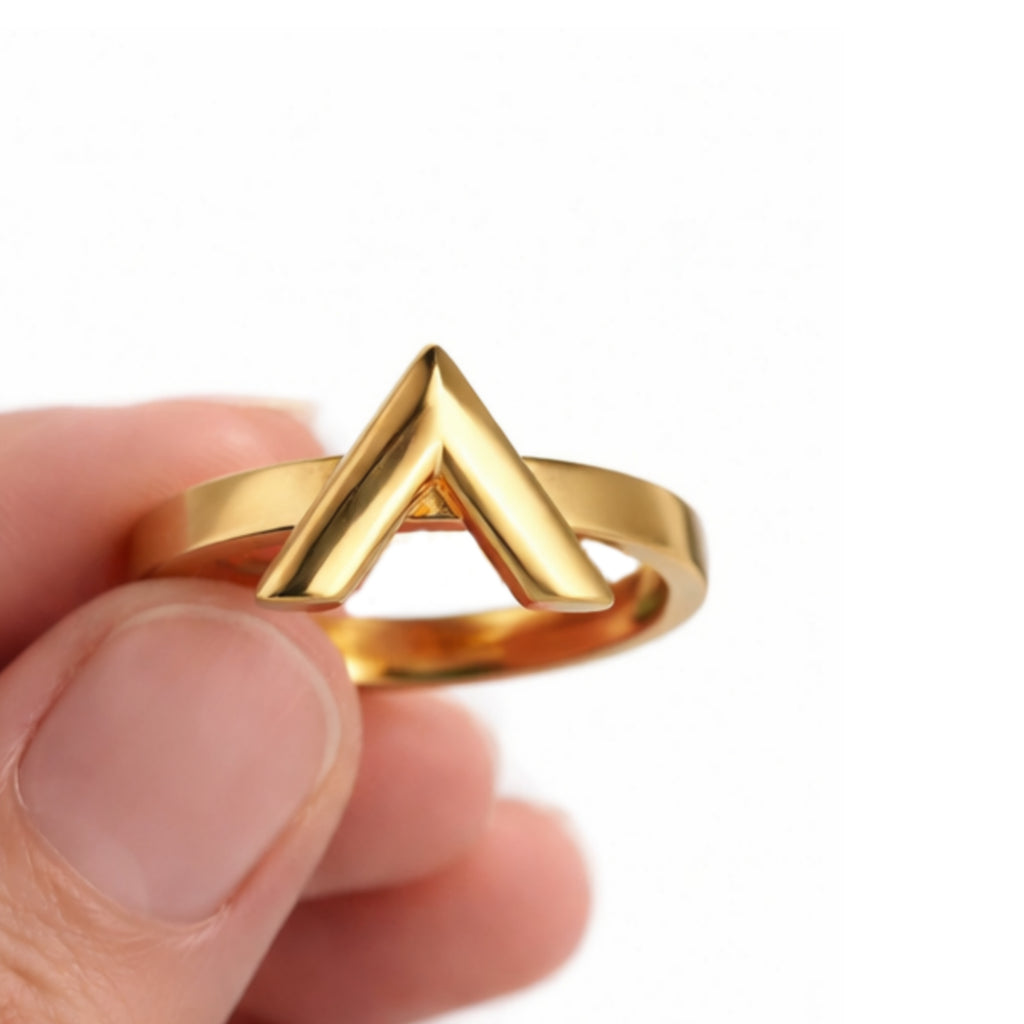 Close-up of gold V shaped ring design